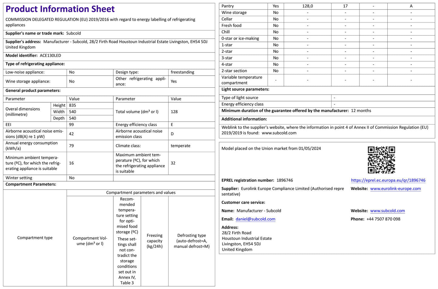 Subcold Ace 130 LED Touch Control Beer Fridge - Black