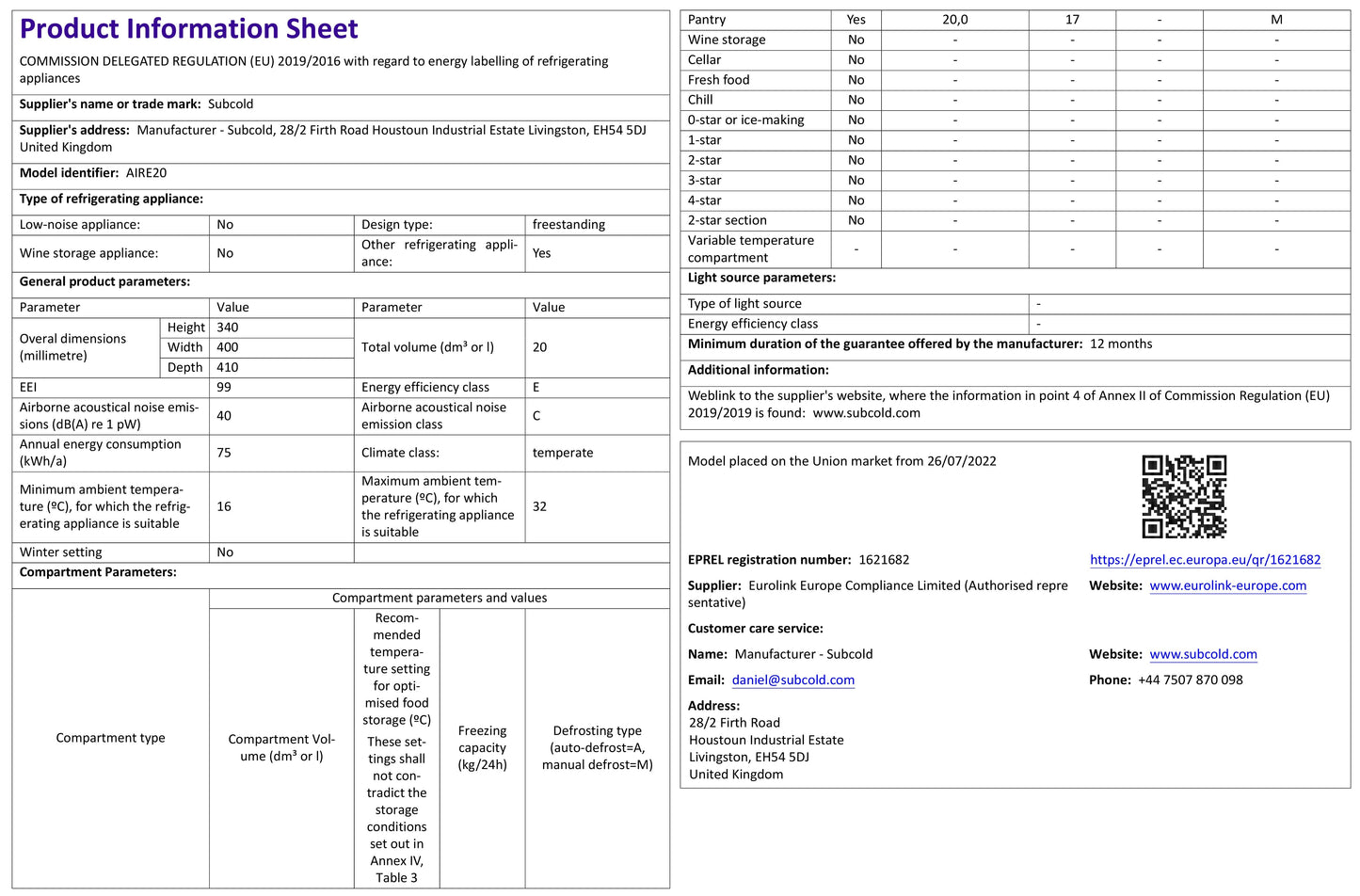 Subcold Aire20 LED Mini Fridge - Black