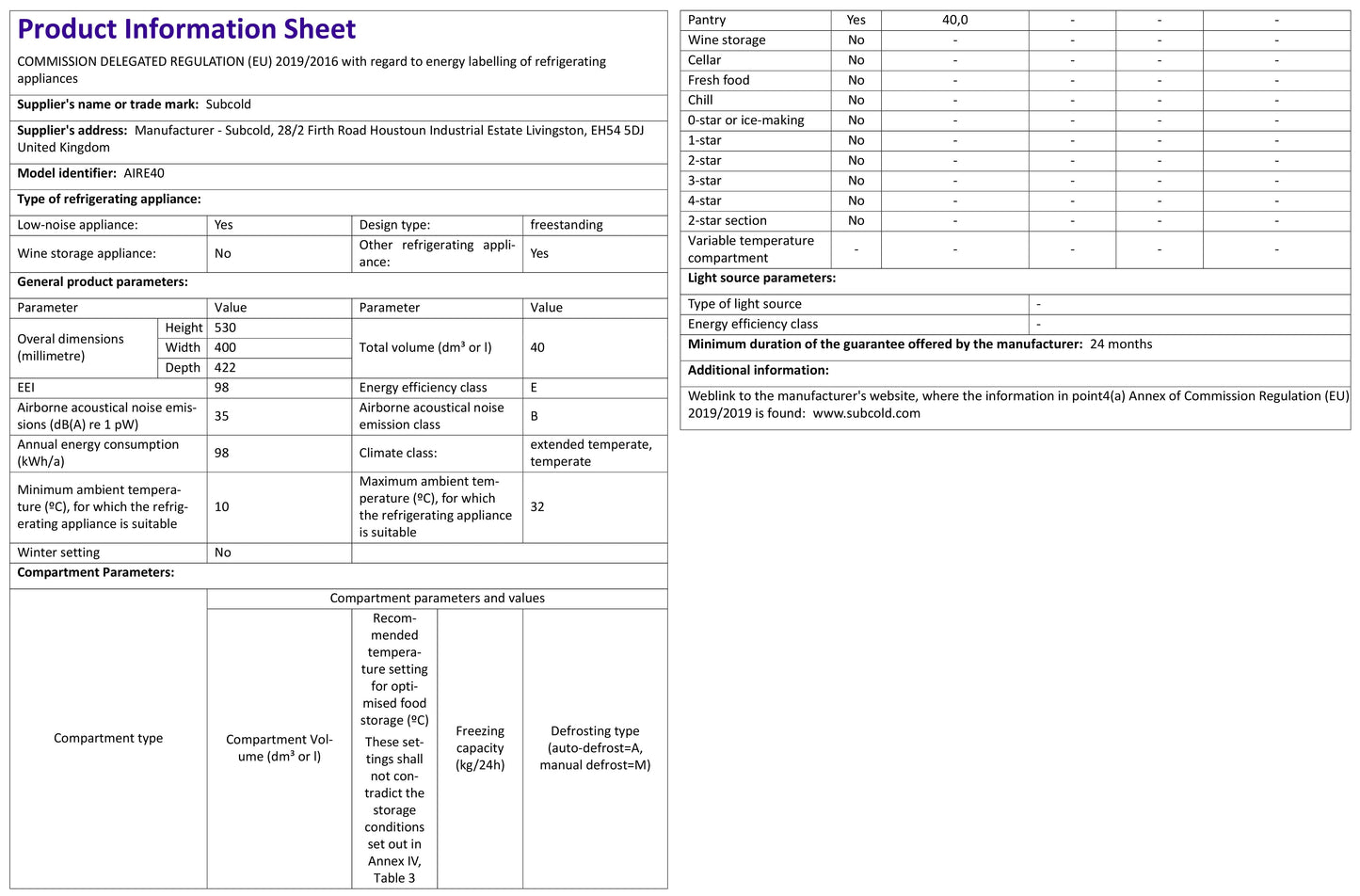 Subcold Aire40 LED Mini Fridge - Black