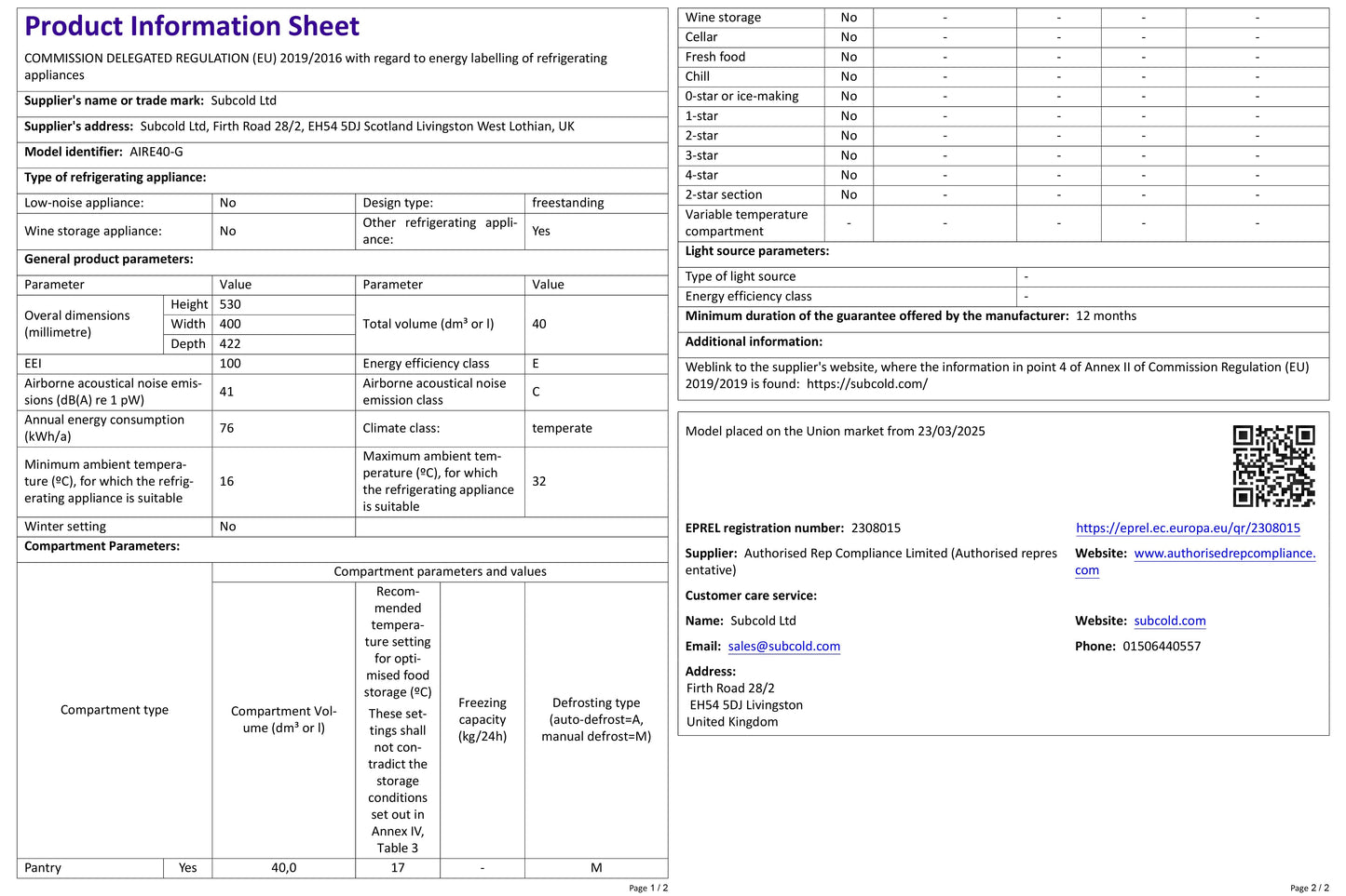 Subcold Aire40-G LED Mini Fridge - Black