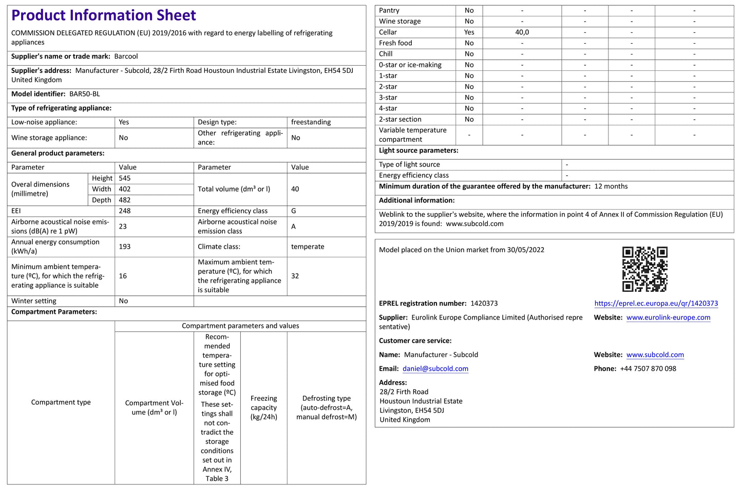 Barcool Bar50 LED - Mini Bar Fridge