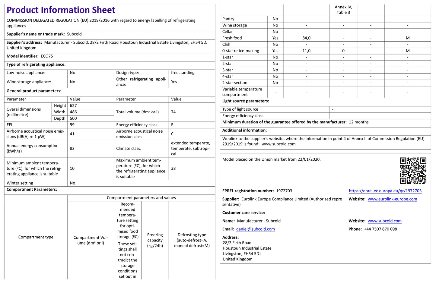 Subcold Eco75 Table Top Fridge - White