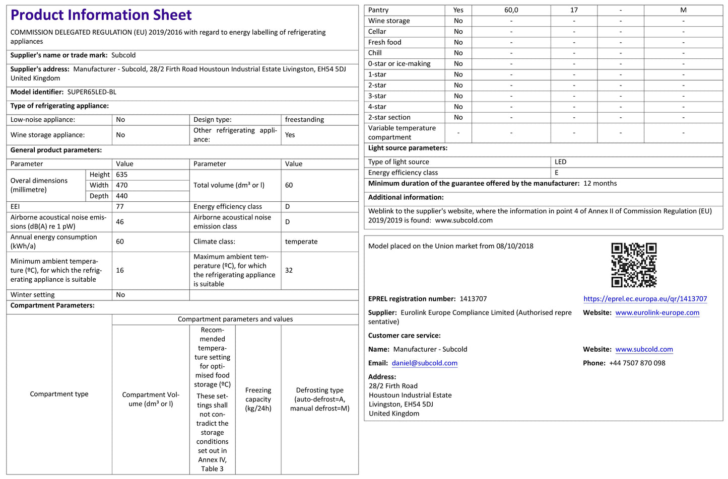 Subcold Super 65 LED Beer Fridge - Black