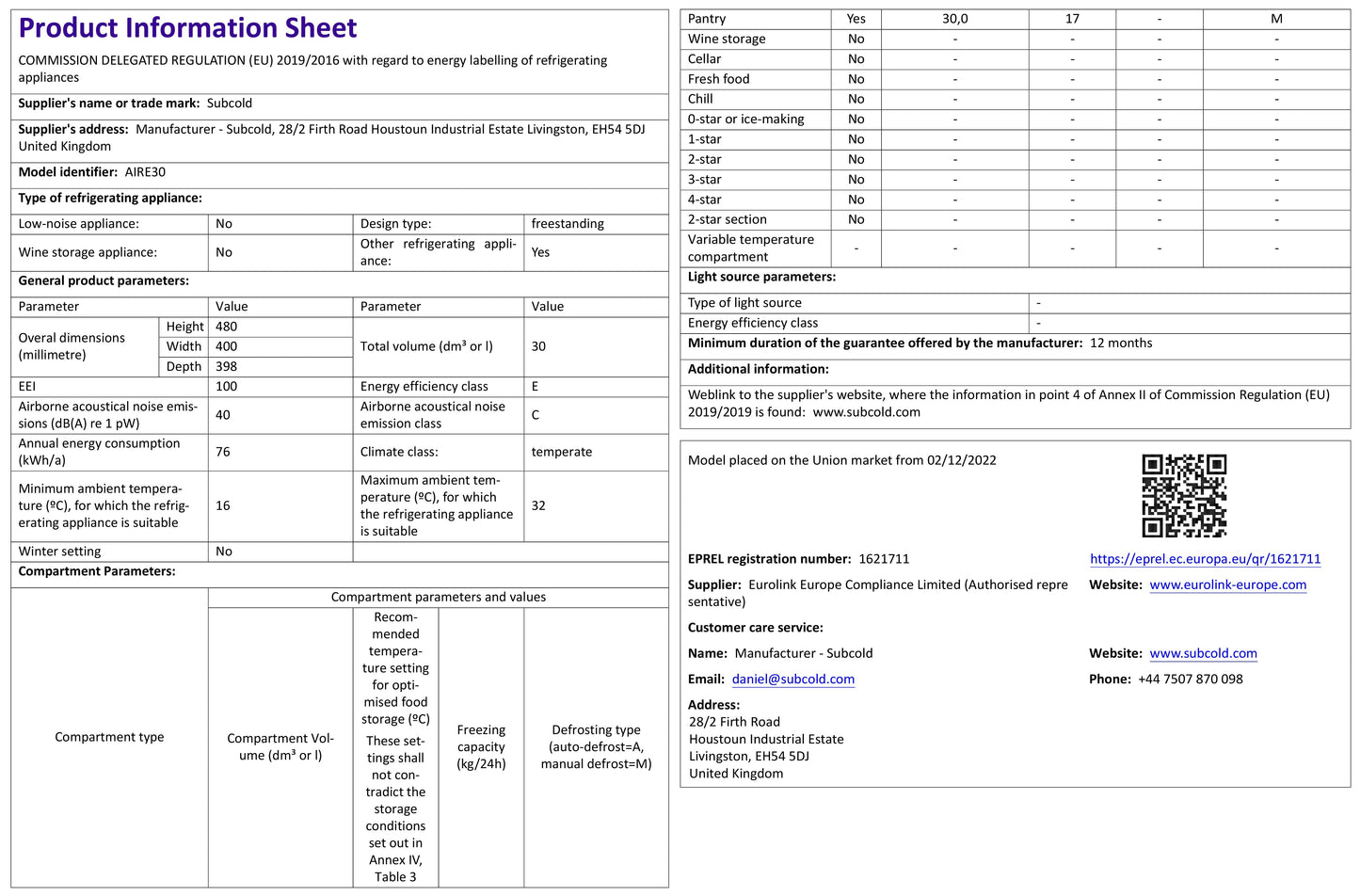 Subcold Aire30 LED Mini Fridge - Black