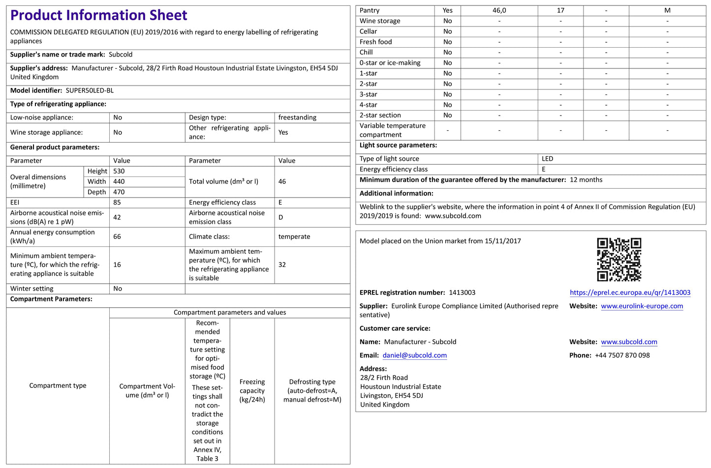 Subcold Super 50 LED Beer Fridge - Black