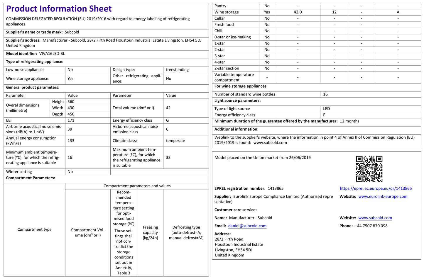 Subcold Viva16 LED - Wine Cooler
